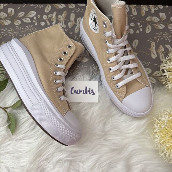 Converse by YOU Chuck Taylor All Star Hi Top Move Shoes Size Women' 7 Tan/ White - Picture 3 of 9